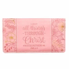 Checkbook Cover for Women & Men ?All Things Through Christ? Christian Pink