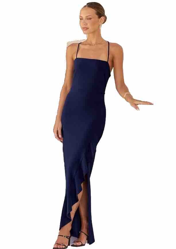 anrabess dress ANRABESS Women's Sleeveless Cutout Halter Neck Satin Formal Dress Smocked  Pleated Asymmetric Party Cocktail Maxi Dress main image 1