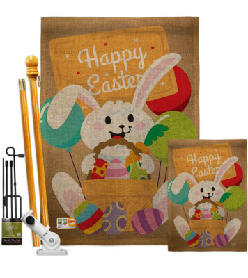 Colorful Happy Easter Egg with Bunny Burlap Garden Flag Spring Gift Yard Banner