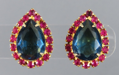#ad #ad Vintage CLIP ON STUD EARRINGS Tear Drop Shape BLUE amp; HOT PINK RHINESTONES Pear $20.80