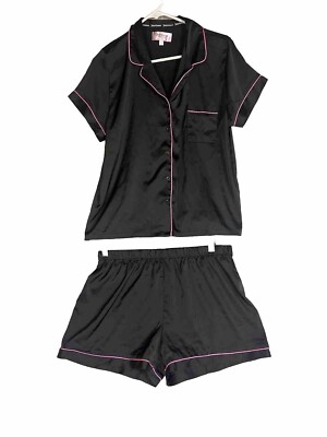 Juicy Couture Women's Large Black Satin Two Piece Pajamas Set PJs