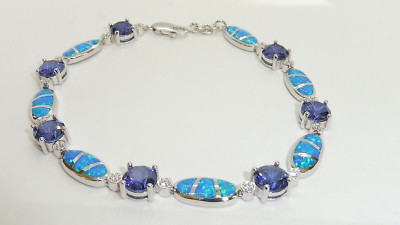 Damen Sterling 925 massiv Silber Opal weißer Saphir & Tansanit Panel Armband
