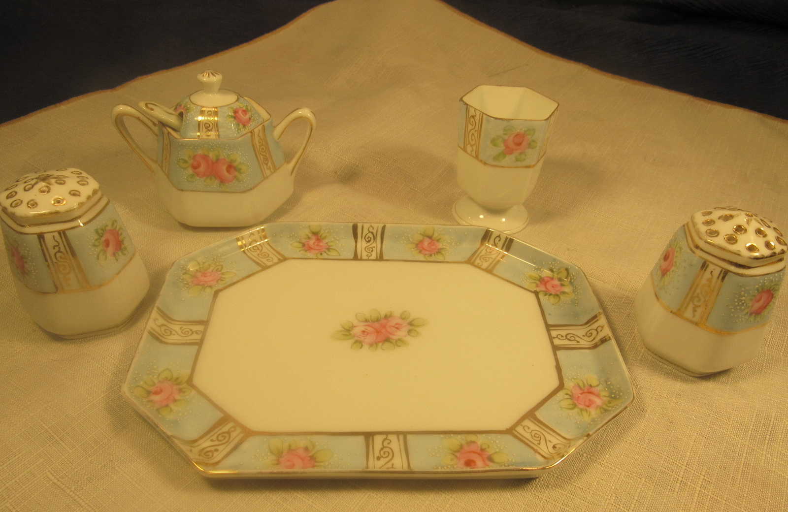 Antique Nippon Hand Painted Salt Pepper Set With Matching Tray & Sugar