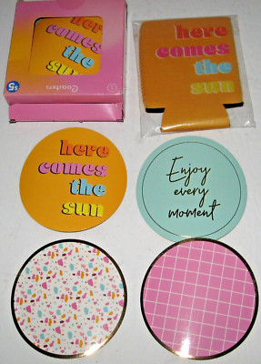 Here Comes the Sun Coasters Set of 8 and 1 Can Cooler Koozie NEW