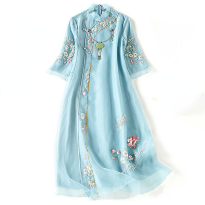 Chinese Lady Mesh Cheongsam Dress Embroidered Floral Hanfu Casual Vintage  Summer | eBay