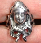 old vintage Art Nouveau Lady FACE RING Sterling SILVER 8.2g size 7.5 charm loops