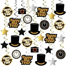KatchOn Happy New Year Hanging Swirls - Pack of 30 | Black and Gold New Years...