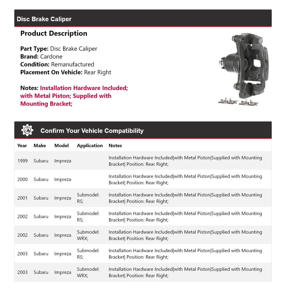 Задний правый суппорт дискового тормоза для Subaru Impreza 1999-2003 годов выпуска Cardone 2000 2001 годов выпуска - Изображение 2 из 4