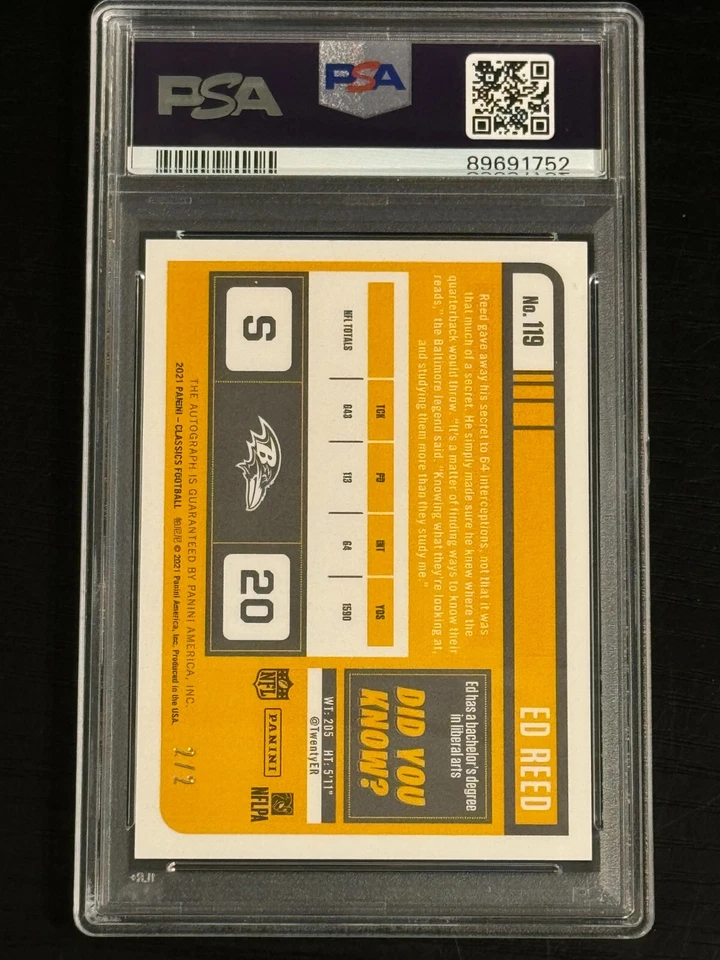 2021 Panini Classics Sig Signature Blue Ed Reed /2 PSA MINT (pop:1, higher:0) - Image 2 of 3