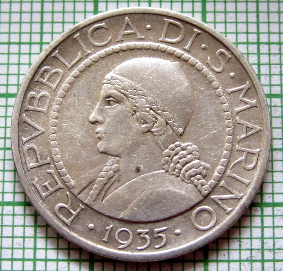 SAN MARINO 1935 R 5 LIRE, PLOUGH & FORTIS IN TEMPERANTIA Motto, 0.835 SILVER - Image 2 of 4