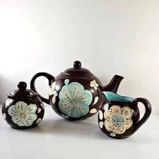 Pier 1 One Cassidy Earthenware Pottery Tea Pot Set w/ Creamer and Sugar - Retro