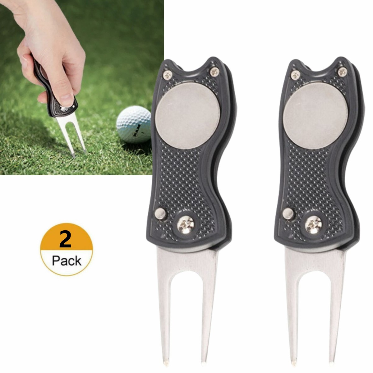 2xGolf Foldable Switchblade Divot Pitch Mark Repair Tool w