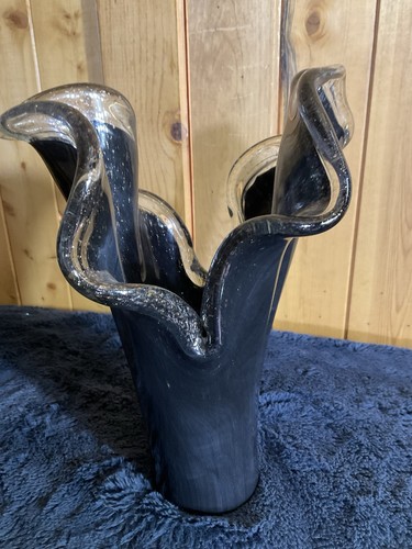 Contemporary Iridescent Black/ Bronze Split Neck Freeform Murano Glass Vase #2 - Picture 3 of 14