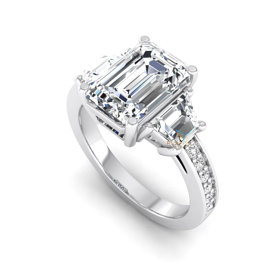 Emerald Lab Grown IGI Certified Diamond 14K Gold Solitaire With Accent Ring - Image 2 of 4