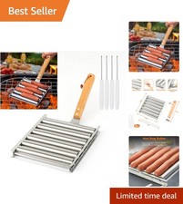 Stainless Steel Hot Dog Roller with Wooden Handle - 5 Dog Capacity