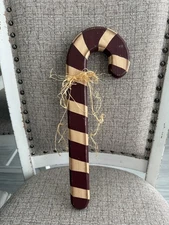 Primitive Wooden Candy Cane with Raffia Bow - 15.5" High