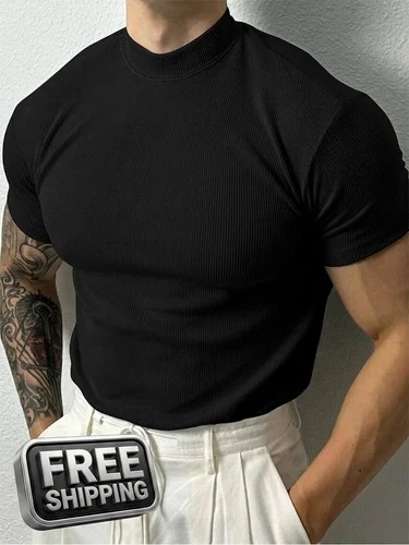Men's Mock Neck Ribbed T-Shirt Slim Fit Stretchy Muscle Short Sleeve Gym Tee - product listing photo