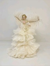 Vintage Feather Angel Christmas Tree Topper Feather Wings & Dress Porcelain Face