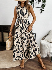 Brand New Summer Holiday Wedding Leaf Tropical Print Tie Waist Collar Maxi Dress