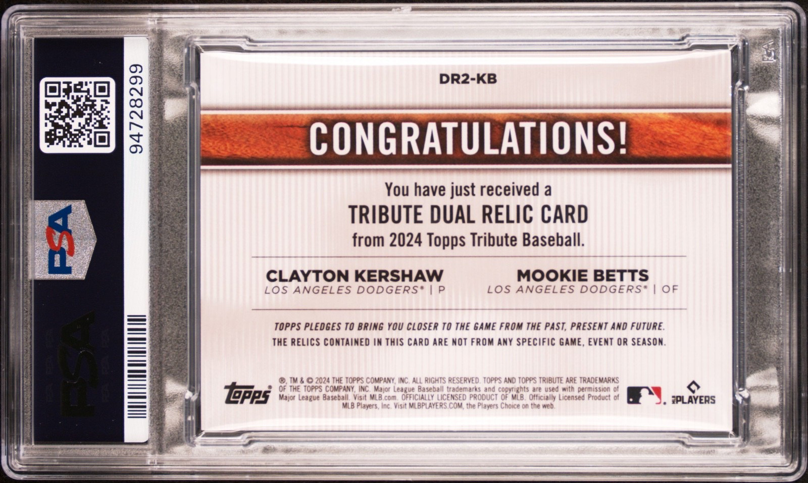 2024 Topps Tribute Betts Kershaw Dual Relics Green /99 PSA 10 Dodgers RA1 view 2