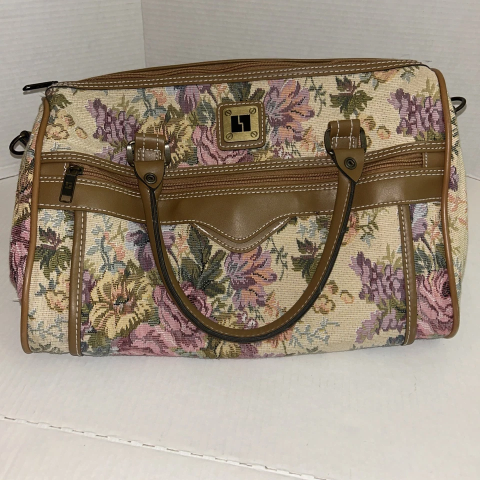 Bagagem de Lazer Vintage Anos 80 Tapeçaria Bege Floral Bolsa de Transporte Acabamento Bronzeado - Imagem 2 de 4