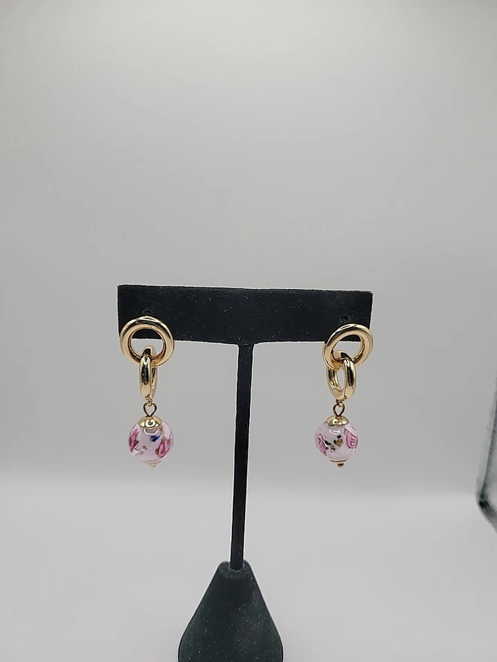Vintage Earrings Pierced Drop Dangle Double Hoop Pink Flower Stud  Post Jewelry - Image 4 of 4