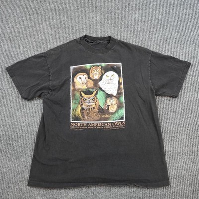 Vintage Nature Discovery Press Shirt Mens Large Black North American Owls 1993