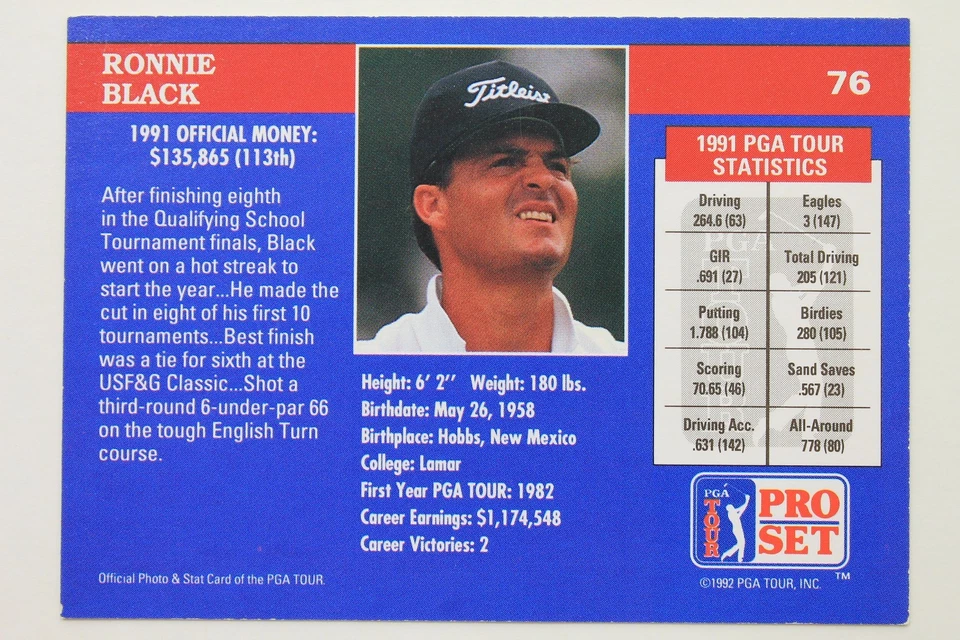 Signed Ronnie Black Lamar Univ 1992 PGA Tour PRO SET Autographed Card #76 15A - Image 2 of 3