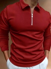 Red Polo Shirt Men Zipper Collar Long Sleeve Stripe Golf Zip Sport Classic Fit