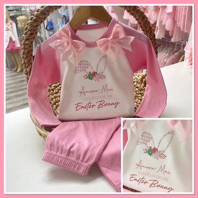 Personalisierter Mädchen Ostern Schlafanzug Excited for Osterhase rosa Schleifen 0-10y 2024