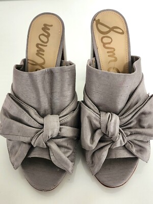 SAM EDELMAN Yumi Bow Block Heels Mule Slip On Shoes Women's Size 9.5 Silver/Grey