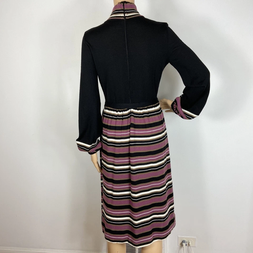 Vestido Suéter de Lana Tejido Sears Años 70 De Colección Talla S - M Cuello Alto Rayas Cinturón Modesto Foto 4 de 4