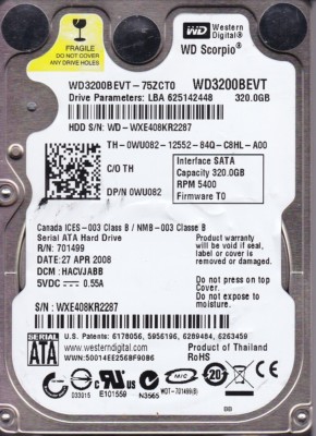 FOR DATA RECOVERY WD3200BEVT-75ZCT0  dcm: HACVJABB  2.5''  SATA  BAD SECTOR 5718