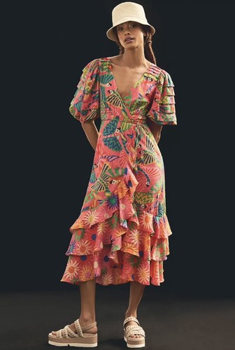 NWT FARM Rio Coral Mixed Graphic Macaws Puff Sleeve Ruffle Hem Wrap Dress Size S - Picture 2 of 8