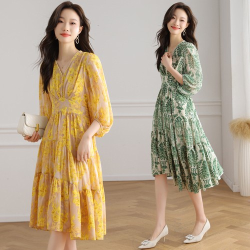 Women's Mid Length Dresses V-neck Short Sleeve Floral Printed Chiffon 3/4 Sleeve