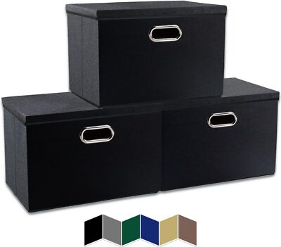Linen Fabric Collapsible Storage Bins with Lids - Large 3-Pack, Black 