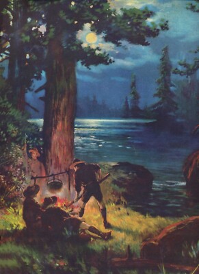 Scouts Campers Cooking over Campfire by Stream Wm Thompson