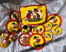 VintageTin Litho 'Boy and Girl in a Garden' Tea Set Pieces From Ohio Art Company