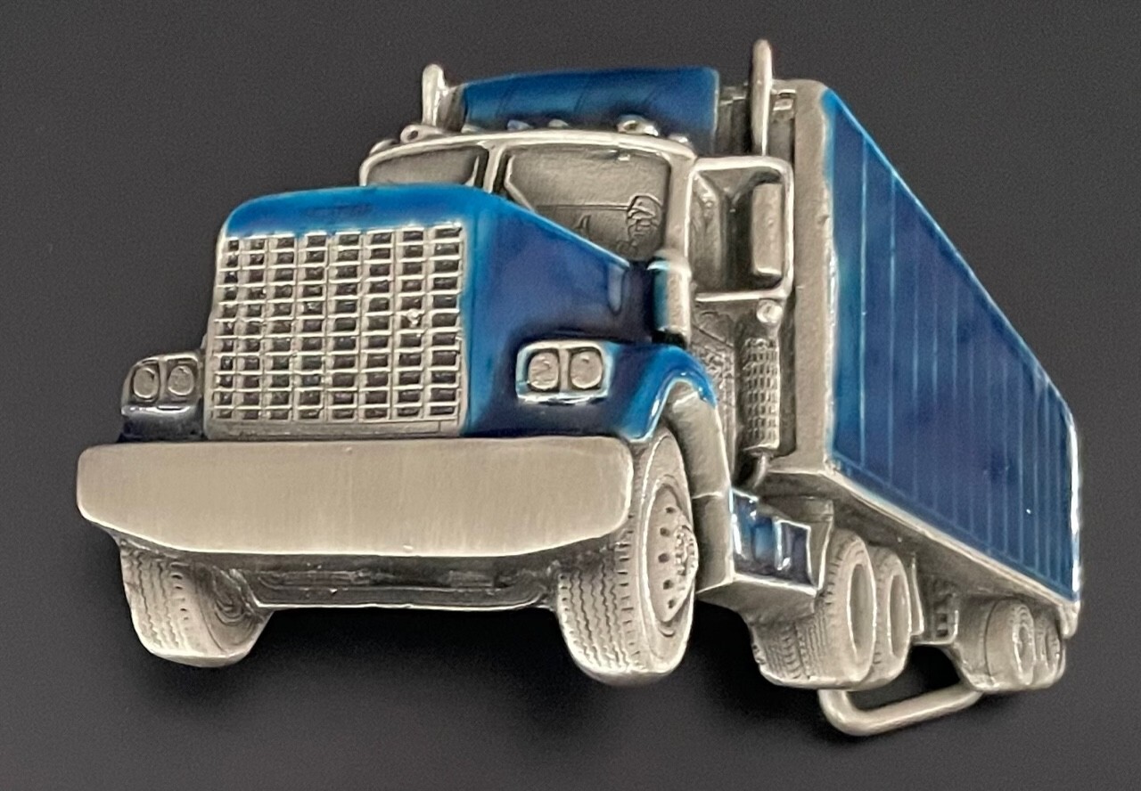Truck Driver Belt Buckle Big Rig Semi Trucks Blue Enamel Trucker Silver Toned-image