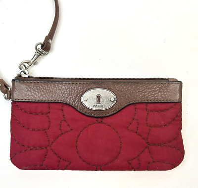 #FOSSIL Key Per Quilted Brn/Red Top Zip Wristlet/Wallet