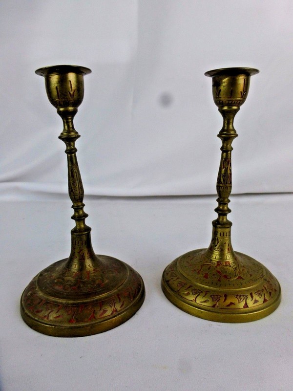 Nice vintage set of etched  brass candesticks, ca. 1960s 6", India or near East