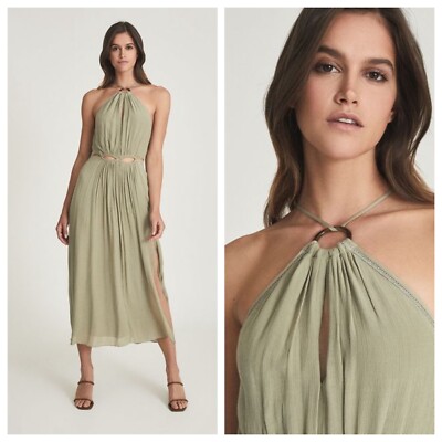 $295 Reiss Marta Dress Size 6 Khaki Green Resortwear Midi Halter Cut Out  Beachy | eBay