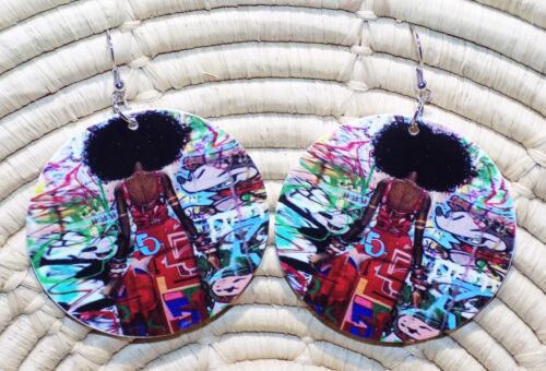 African Woman & Graffiti Earrings  ethnic Black Brown jet55 - Picture 1 of 1