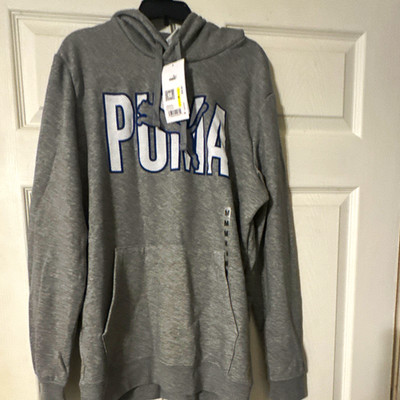 PUMA Men s ESS Gray Pullover Hoodie Logo Fleece Pockets Drawstring Size M
