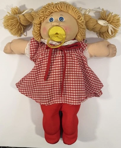 Cabbage Patch Kids Doll Red Gingham Dress Blonde Hair Blue Eyes Pacifier 1985