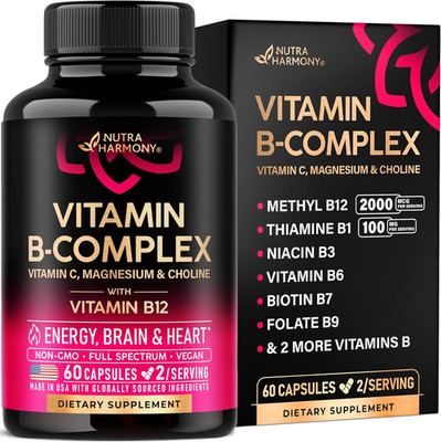 Vitamin B Complex for Men & Women - Riboflavin B2, B12, B1, B3, B5, B6, B7, B8,