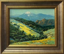 Quadro contemporaneo: passo di montagna bagnato dal sole, olio su tavola, incorniciato