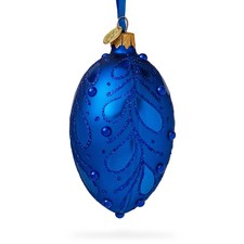 Bejeweled Scroll on Blue Glass Egg Ornament 4 Inches