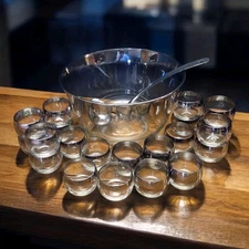 MCM Silver Fade Glass Full Punch Bowl Set 22 Roly Poly Cups Dorothy Thorpe Style