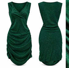 Emerald Green Glitter Ruched Bodycon Dress Sleeveless V-Neck Party Occasion  M